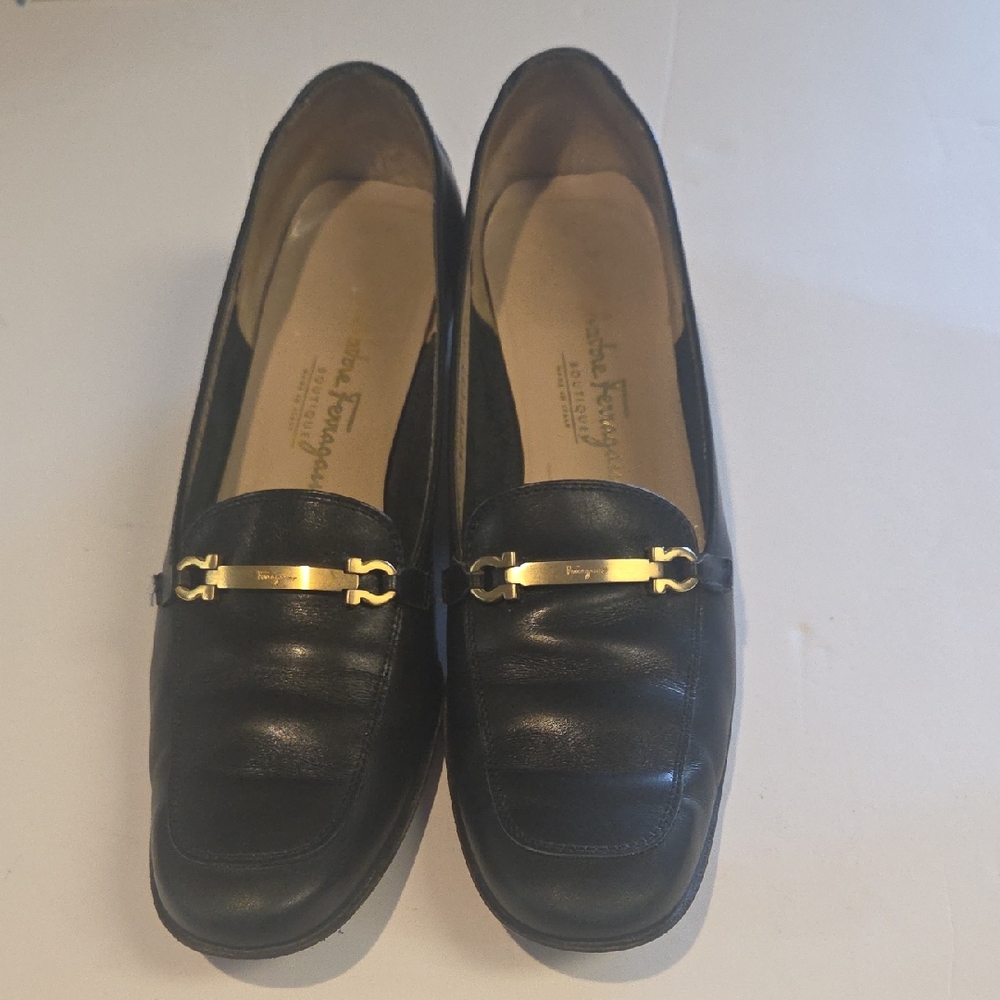 Salvatore Ferragamo Black Leather Gold Bit Loafers